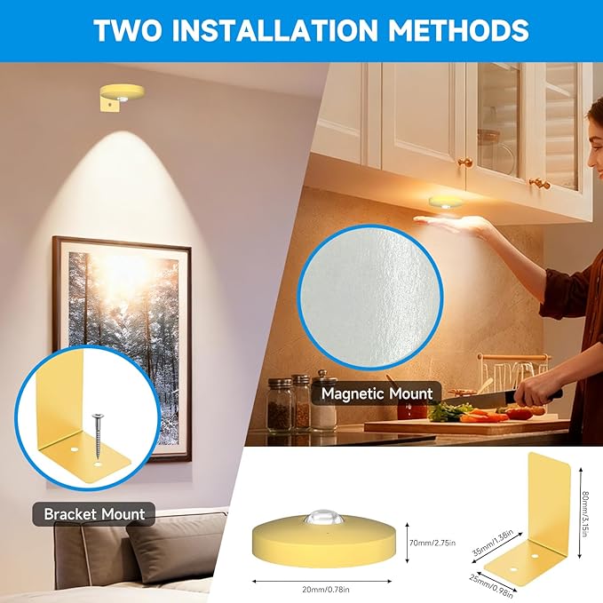 Rechargeable Picture Lights for Wall,Under Cabinet Lighting,1500mAh Rechargeable Battery Operated Picture Frame Lights for Kitchen, Closet, Shelf - 3 Color Temps & 13 RGB (3 Packs Gold)