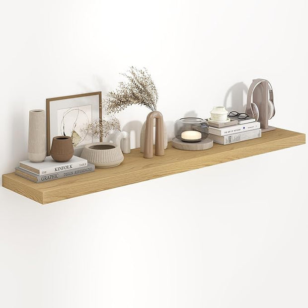 Fun Memories 55 Inch Long Floating Shelves for Wall, 55x9.3 Large Floating Shelf for Bedroom, Kitchen, Bathroom, Wall Mounted Rustic Wood Shelves with Invisible Bracket for Books, Decor, Oak
