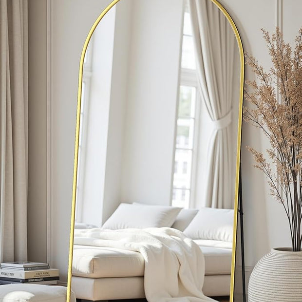 Full Length Mirror with Stand, 82"x44" Arched Full Body Mirror, Large Stand Up Mirrors, Aluminum Frame Floor Standing Mirrors, Freestanding Hanging Leaning Mounted for Bedroom Living Room Gold