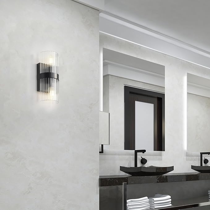 GLOBE Electric 65000050 2-Light Wall Sconce, Matte Black, Ribbed Glass Shade, E12 Base Sockets, Lights for Living Room, Home Decor, Lighting, Mounted Bedside Lamp