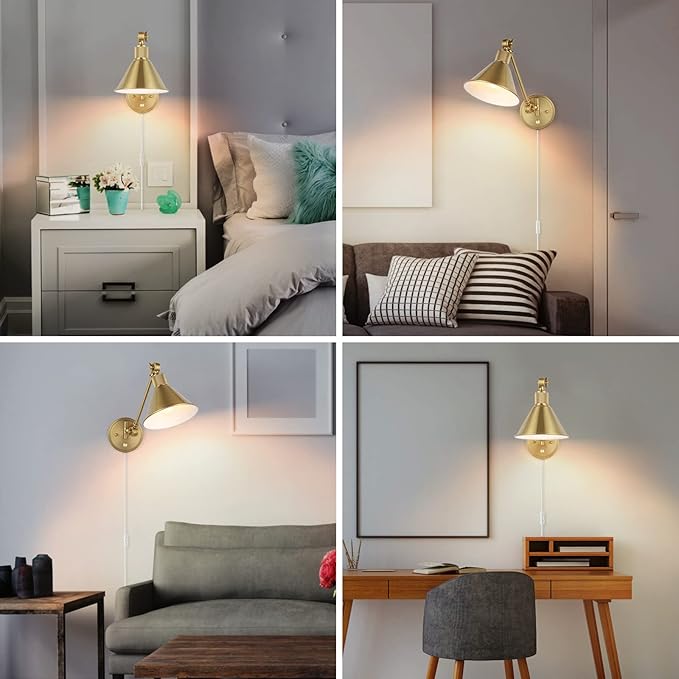 TRLIFE Wall Sconce Plug in, Dimmable Wall Sconce Brushed Brass Swing Arm Wall Lights with Plug in Cord and Dimmer On/Off Knob Switch, Wall Mounted Light for Bedside Bedroom Stairway (1 Pack, 1 Bulb)
