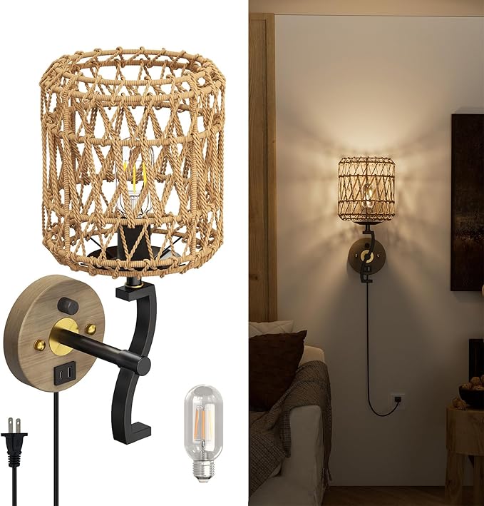 N02 Boho Rattan Wall Sconce with Plug in Cord, Adjustable Dimmable Rattan Shade & S-Shape Arm for Aztec Boho Home Decor, Bohemian Wall Mounted Lighting