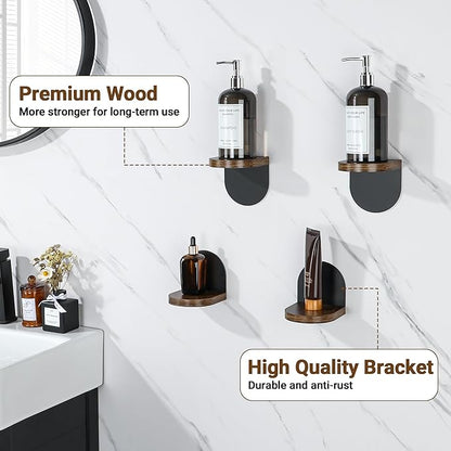 SAYAYO Small Floating Shelves for Wall Storage, 4 x 4 Inch Adhesive Wall Shelves for Bedroom Decor, Mini Display Wood Shelf Organizer with Black Base for Living Room, Office, Balcony, 4 Pcs