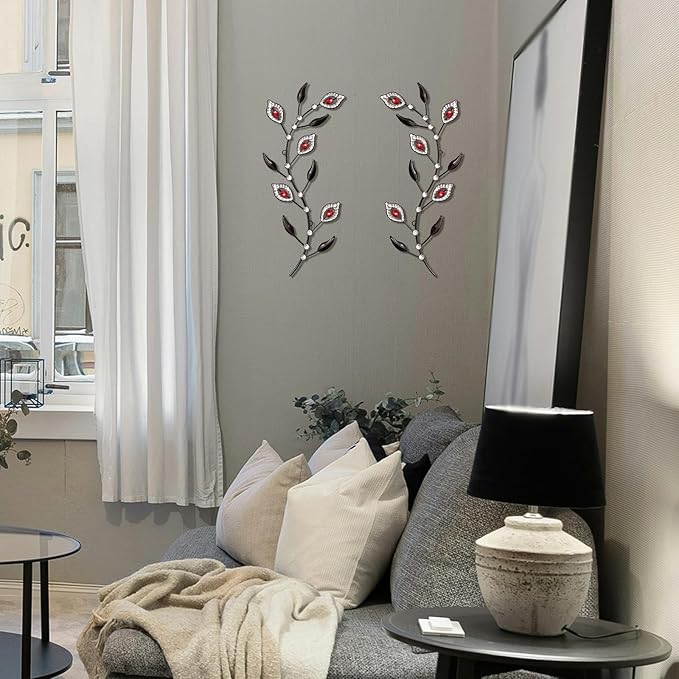 sxnzequnze 2 Pcs Metal Leaf Wall Art Crystal Bling Decorations Silver Leaves 3D Iron Handmade Home Decor Hanging Minimalist Accents Modern Set for Living Room Bathroom Bedroom Dining Room Hallway