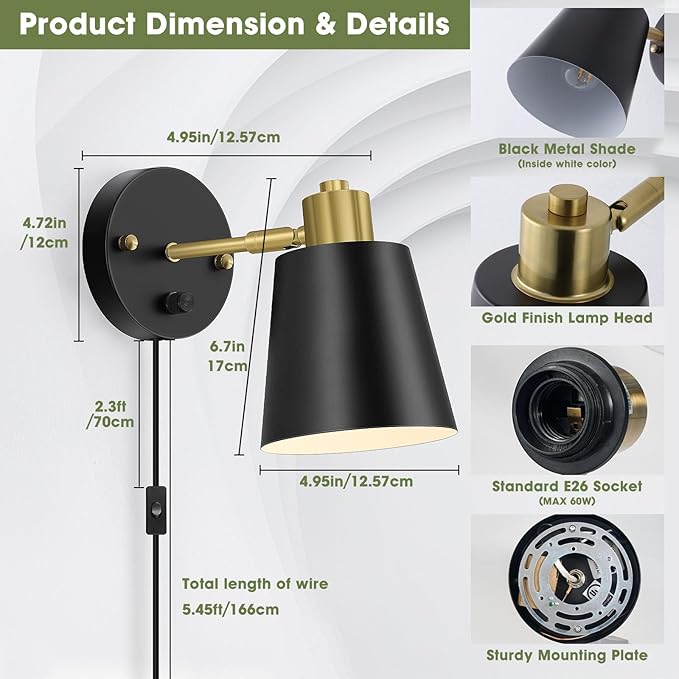 Plug in Wall Sconces Set of 2, Dimmable Wall Lights with Plug in Cord and Dimmer On/Off Knob Switch, Adjustable Angle Black Wall Mounted Lamp for Bedside Bedroom Living Room (2 Bulbs Included)