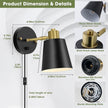 Plug in Wall Sconces Set of 2, Dimmable Wall Lights with Plug in Cord and Dimmer On/Off Knob Switch, Adjustable Angle Black Wall Mounted Lamp for Bedside Bedroom Living Room (2 Bulbs Included)