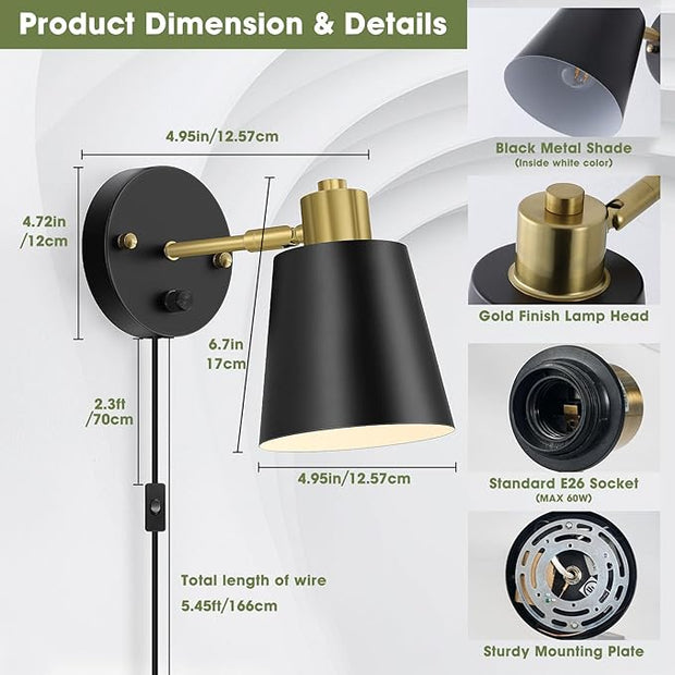 Plug in Wall Sconces Set of 2, Dimmable Wall Lights with Plug in Cord and Dimmer On/Off Knob Switch, Adjustable Angle Black Wall Mounted Lamp for Bedside Bedroom Living Room (2 Bulbs Included)