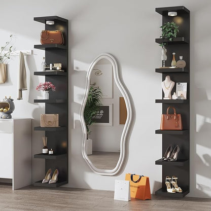 7-Tier Vertical Wall Shelf Unit with USB Rechargeable Led Light (Remote Controlled),Versatile Floating Display Shelves,Lack Style Wall Shelves for Bedroom,Living Room,Office Decor,Vanity-Black