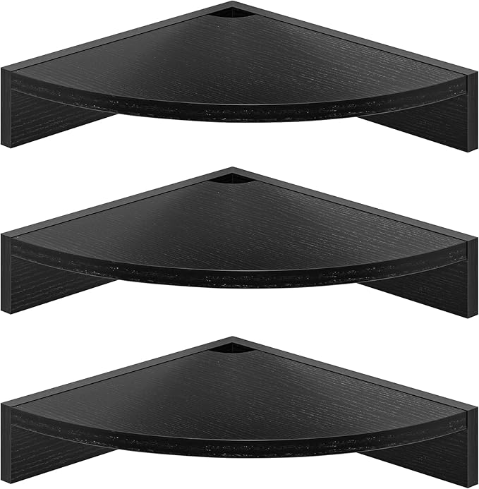 Fun Memories Corner Shelf Wall Mount, Wood Floating Corner Shelves, Corner Wall Shelf for Bedroom, Bathroom, Kitchen, Living Room (Black, 3 Pack)