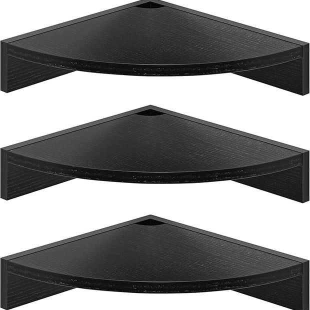 Fun Memories Corner Shelf Wall Mount, Wood Floating Corner Shelves, Corner Wall Shelf for Bedroom, Bathroom, Kitchen, Living Room (Black, 3 Pack)