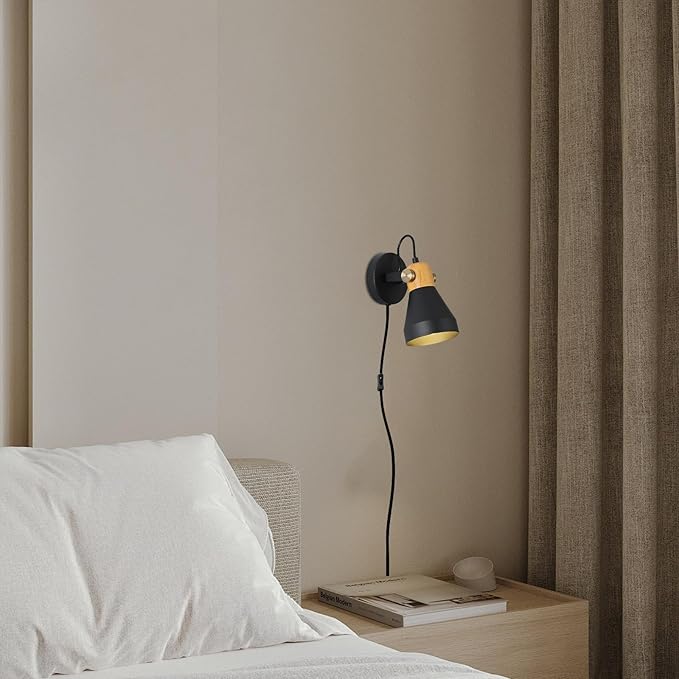 Modern Plug-in Wall Sconces - Adjustable Reading Light with Real Wood Accent, Matte Black Wall Lamp for Bedroom, Living Room, Apartment, Home Office