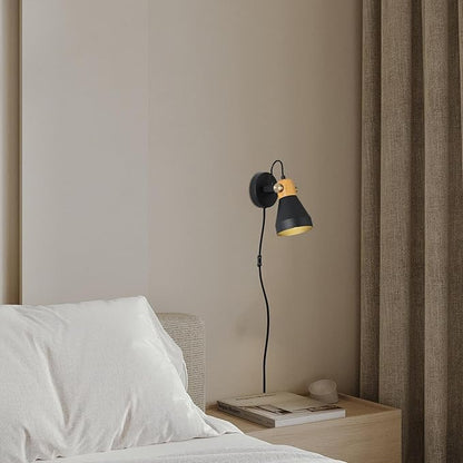 Modern Plug-in Wall Sconces - Adjustable Reading Light with Real Wood Accent, Matte Black Wall Lamp for Bedroom, Living Room, Apartment, Home Office