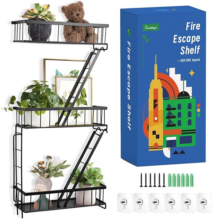 Fire Escape Wall Shelf - New York Decorative Ladder Shelf, Wall Art Floating Shelf Black Metal Shelves for Bedroom, Home Office Storage and Display (3-Tier)