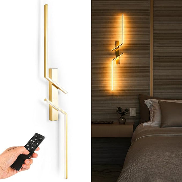 1-Pack Battery Operated Wall Sconce - 39 Inch Gold Modern LED Light for Bedroom - Wireless Sconces with Remote and Rechargeable Battery - Dimmable Wall Scones for Gold Home Decor