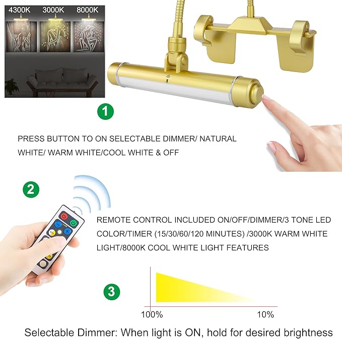 LUXSWAY Wireless Picture Frame Led Lighting,Rechargeable Art Display Lighting Clip on Pictures,Over Painting Lights with Remote,Artwork Lamp with Flexible Neck,28 LEDs 3 Lighting Modes 200LM-Gold