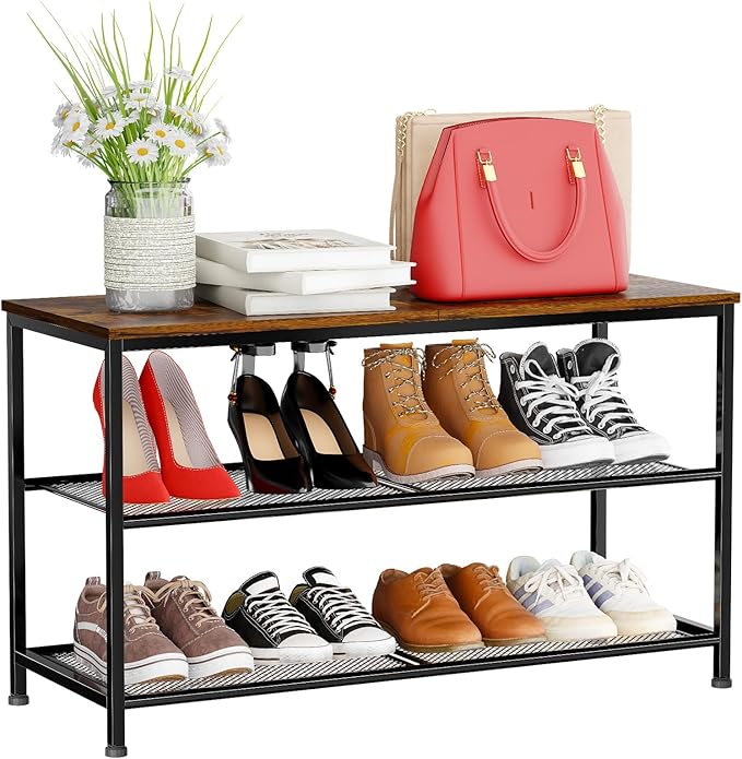 Wood Shoe Rack, 3 Tier Freestanding Shoe Organizer Storage with Metal Mesh Shelf for Entryway, Easy Assemble, 12" D x 30" W x 18" H, Brown Black
