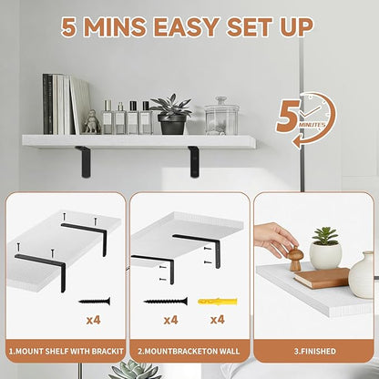LifetimeWarranty Wall Shelves With Brackets, NOT Floating Easy Install 15.7Inch Solid Wood Shelf 3PCS, Modern Storage Display Shelves for Books Plants Frames, Ledge Shelf for Bathroom Bedroom Kitchen
