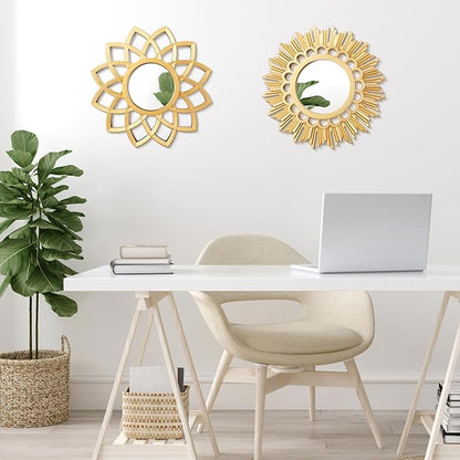 Dandat Set of 4 Gold Mirrors for Wall Decor Small Circle Flowers Mirrors Decorative Silvery Hanging Wall Art Flowers Mirror for Home Living Dinning Room Bedroom Bathroom Boho Art Gifts(Gold)