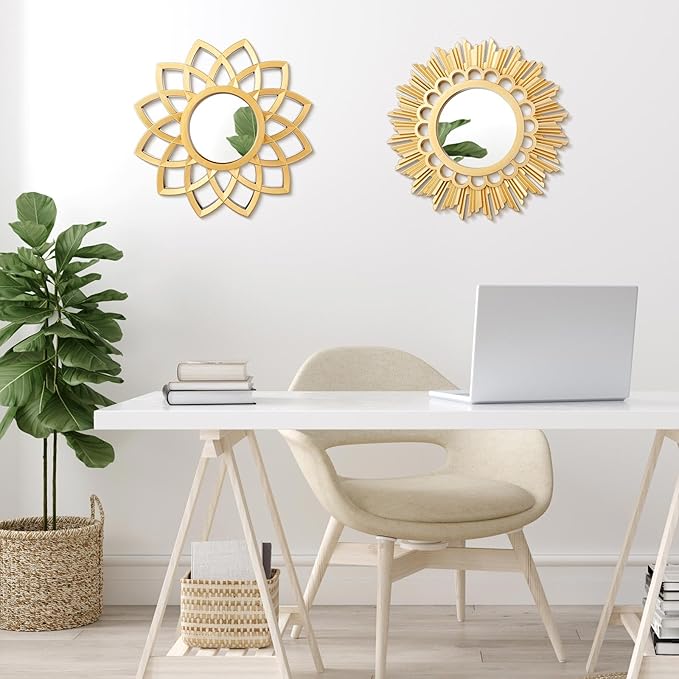 Dandat Set of 4 Gold Mirrors for Wall Decor Small Circle Flowers Mirrors Decorative Silvery Hanging Wall Art Flowers Mirror for Home Living Dinning Room Bedroom Bathroom Boho Art Gifts(Gold)