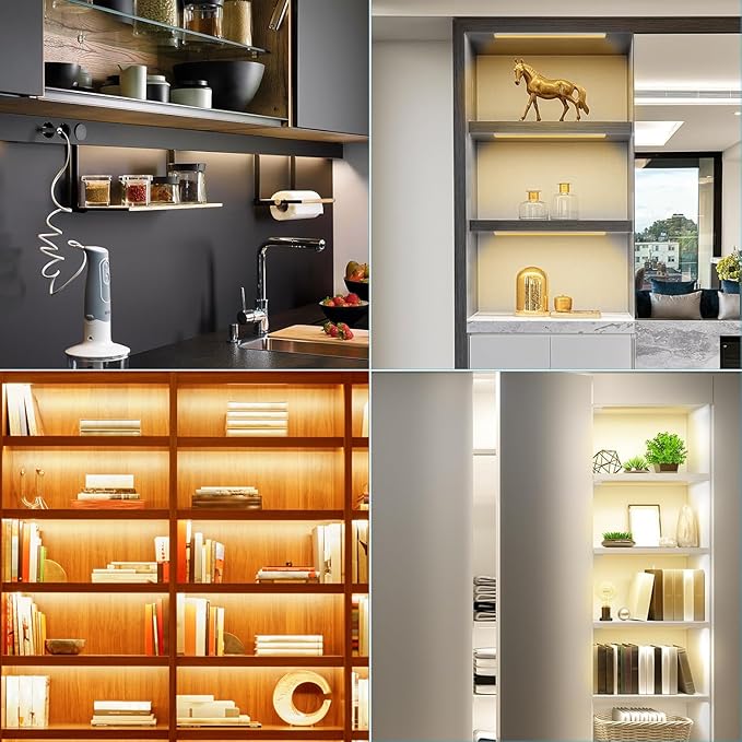 JUSJUBR 4PCS x 12inch Display Cabinet Lights Warm White, Dimmable LED Shelf Lighting with Memory Function, Bookshelf Lighting, LED Lights for Display Case/Pantry/Closet/Safe, 3000K