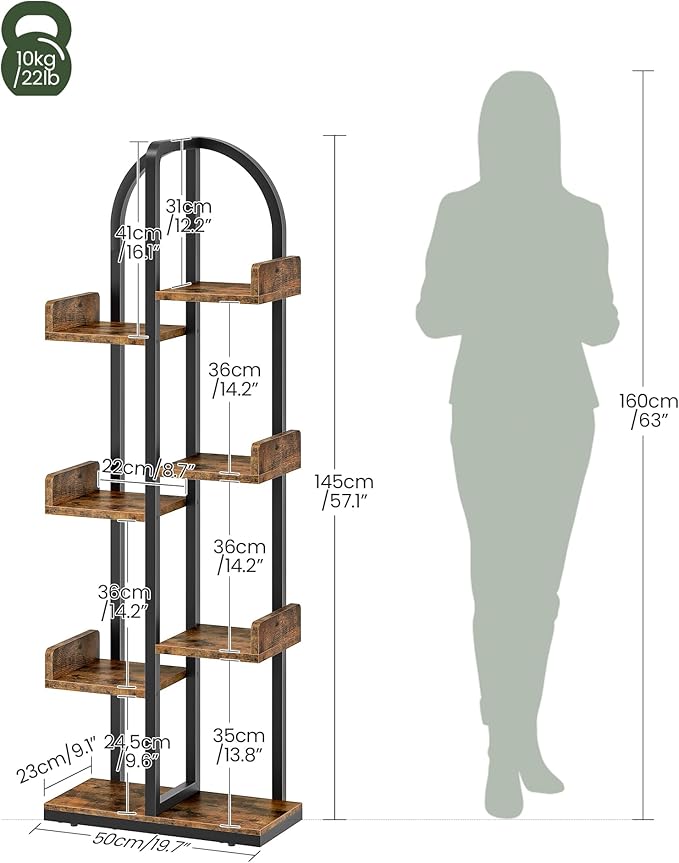 Corner Bookshelf, Curved 6-Tier Bookcase with Anti-Tip Kit, Adjustable Feet and Staggered Shelves for Living Room, Bedroom, Study, Office, Rustic Brown and Black TSJ06BF