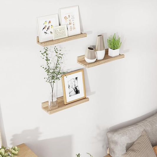 RICHFOCUS Floating Shelves for Wall, 16 inch Solid Wood Picture Ledge Shelf for Wall Storage, Nursery Book Shelves with Lip for Living Room Bathroom Bedroom Kitchen, Set of 3, Carbonized Black
