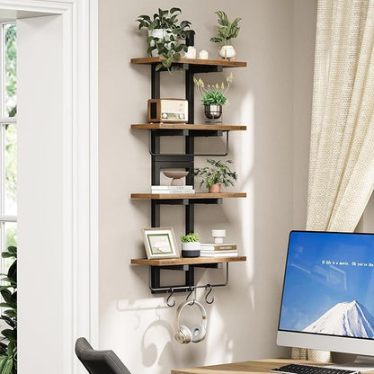Floating Shelves for Wall Set of 2, Wood Wall Shelf with 6 Hooks, 2 Tier Hanging Decorative Storage Shelves for Living Room Bedroom Bathroom Kitchen Office Coffee Bar, Rustic Brown