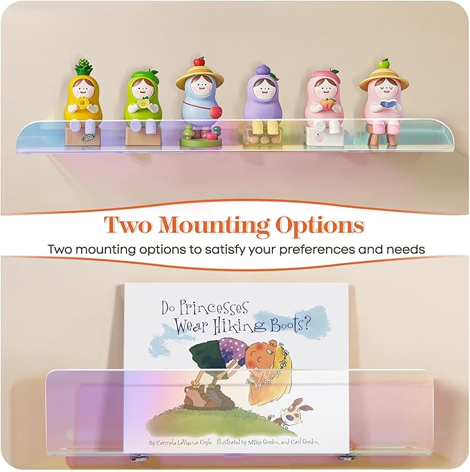 15 Inch Acrylic Floating Shelves for Wall Decor, 3 Pack Iridescent Acrylic Shelves for Bedroom Kitchen Office Nursery, Stylish Wall Mounted Vinyl Record Holder, Magazine Rack, Picture Ledge