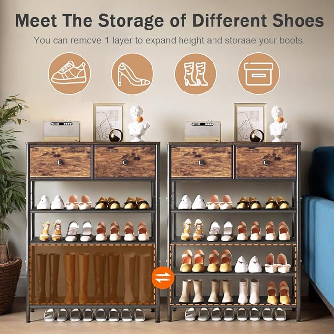 Shoe Rack Organizer 5 Tier Metal Organizer Shelf with Industrial MDF Board and Layer Fabric for Entryway Closet Bedroom Living Room Garage (Black+Rustic Brown, 5 Tier with 2 Drawers)