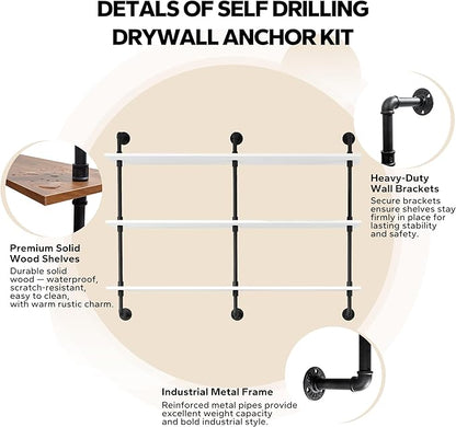 3-Tier Industrial Pipe Floating Shelf – Rustic 48 inch Wood Wall-Mounted Storage Shelf for Kitchen Office,Bathroom & Home Decor -White