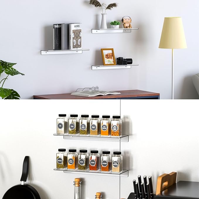 Clear Acrylic Floating Shelves Set of 2 for Lego Sets Funko Pop Collectibles Kids Bookshelf Figures Plant Picture Photo Modern Wall Ledge Floating Shelf for Bedroom Decor Living Room Wall Shelf