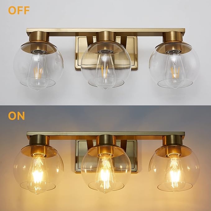 3-Light Brushed Brass Bathroom Vanity Lights, Gold Bathroom Light Fixtures Over Mirror with Globe Glass Shade, 22in Modern Wall Sconces for Bath Mirror Bedroom Hallway, E26 Base (Bulbs Not Included)