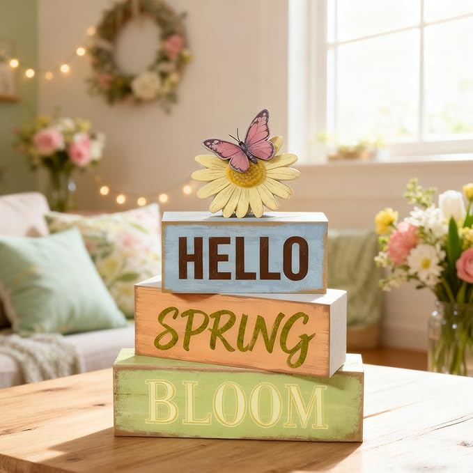 Spring Decoration Wooden Tiered Tray Decor – Rustic Hello Spring Bloom Stacked Block Sign with Butterfly Daisy Topper – Farmhouse Tabletop Spring Decor for Living Room Shelf Kitchen Coffee Bar Seasonal Home Display