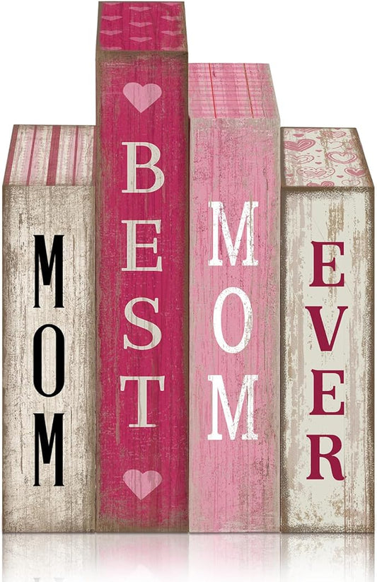 4 Pcs Mothers Day Table Decoration Wooden Book Pink White Tiered Tray Decor Happy Mother's Centerpieces Mom Gifts from Daughter Son for Home Shelf Indoor Party Decoration