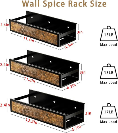 Spice Rack Wall Mount 3 Pack, Space-Saving Seasoning Organizer,Screw or Adhesive Hanging Spice Rack Organizer for Kitchen Cabinet and Wall (Engineered Wooden)