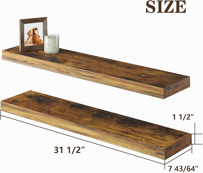 BAMEOS Floating Shelves, 31W x 7D Rustic Brown Wall Mounted Wooden Shelves with Invisible Brackets Set of 2, Hanging Wall Shelves Decoration for Bedroom, Bathroom, Living Room and Kitchen