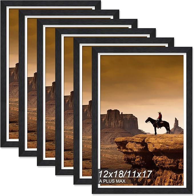 A PLUS MAX 12x18 Picture Frame Set of 6, Engineered Wood Frame Display Photo 11x17 with Mat or 12 x 18 without Mat, 12by18 Frame with Black Wood Grain for Wall - 6 Pack/Black/12 x18