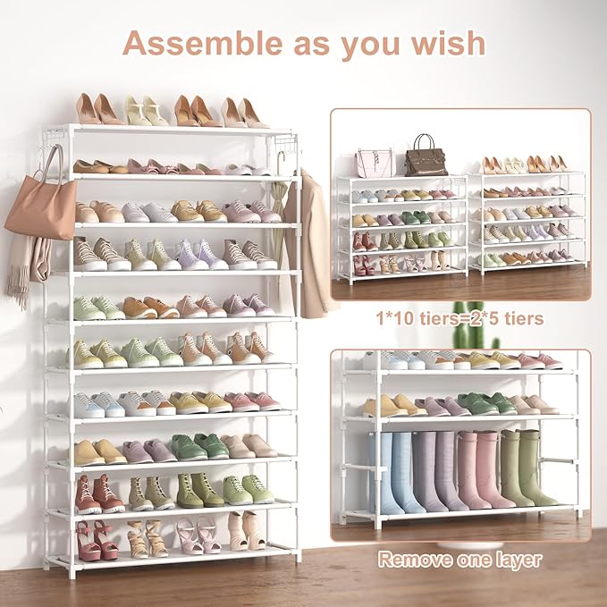 LANTEFUL 10 Tiers Shoe Rack 50 Pairs Large Capacity Tall Shoe Organizer Sturdy Shoe Storage with Two Hooks Space Saving Metal Wide Shoe Rack for Closet, Entryway, Bedroom, White