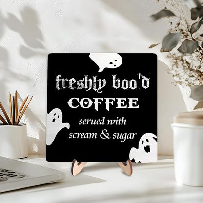 Freshly Boo'd Coffee Wood Sign, Halloween Coffee Bar Decor, Scream Sugar Spooky Season Haunted House Signs Ghosts Fall Shelf Sitter Kitchen Rustic Farmhouse Home Decor Wooden Plaque Sign
