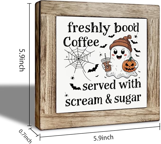 Halloween Coffee Decor, Fall Decors Art, Funny Wooden Box Sign for Home Kitchen Decor, Freshly Boo'd Coffee Sign, Coffees Bar Decoration for Desk Table, Funny Ghost Decors 5.9x5.9 inches