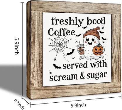 Halloween Coffee Decor, Fall Decors Art, Funny Wooden Box Sign for Home Kitchen Decor, Freshly Boo'd Coffee Sign, Coffees Bar Decoration for Desk Table, Funny Ghost Decors 5.9x5.9 inches