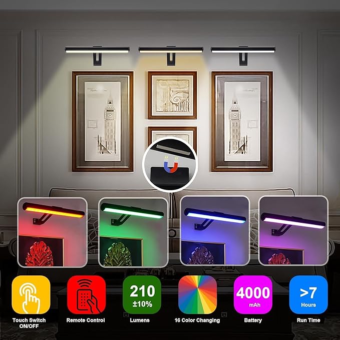 Picture Light Battery Operated, Picture Lights for Wall, Wireless Picture Light with Remote for Paintings, 48 LED, 16 Color Changing, Dartboard Light with 2 Base for Art, Black-2Pack