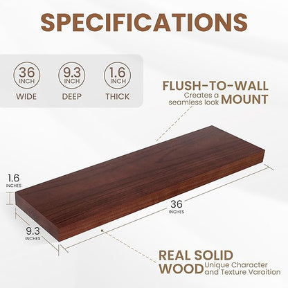 Fun Memories Deep Floating Shelves, Solid Wood Floating Shelves Wall Mounted, 9.3" Deep Floating Shelf for Living Room, Bedroom, 36 x 9 Large Wall Shelves for Books, Red Brown, Set of 2
