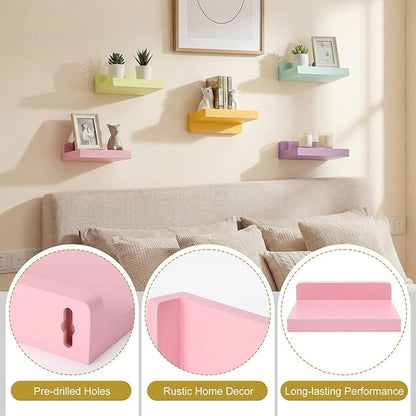 Novabright 5 Pack Small Floating Shelves Mini Shelves Hanging Display 5 Inch Wood Wall Shelf for Plant Bathroom Livingroom Bedroom with 2 Types of Installation Nursery Decor(Macaron)