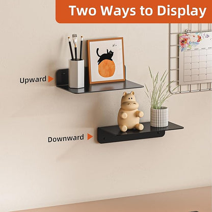 Small Adhesive Wall Shelves, 9" Metal Floating Shelf with Cable Hole, Display Ledge for Photo Frame, Figurine, Small Craft, Electronics, (Black, 2 Pack)