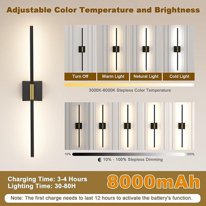 31.5 Inch Battery Operated Wall Sconce Set of Two, 8000mAh USB Rechargeable Wall Sconce with Remote Control, 360°Rotate Dimmable 3000K-6000K LED Wall Lights for Living Room, Hallway, Bedroom, (2 Pack)