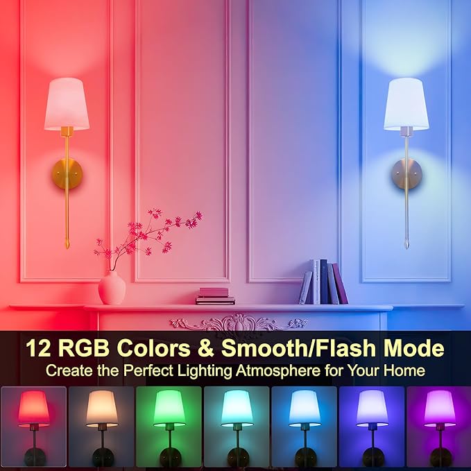 Battery Operated Wall Sconce Set of 2, Wireless Wall Sconce with Rechargeable Bulbs and Remote, 15 Colors & Dimmable, Gold Sconces Wall Decor for Bedroom Living Room Hallway