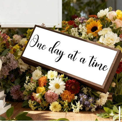 One Day At A Time Sign, Inspirational Wood Decor, Farmhouse Wood Block Sign Desk Decor, Tabletop Decorations for Home Office Cubicle Shelves, Aesthetic Wooden Wall Plaque