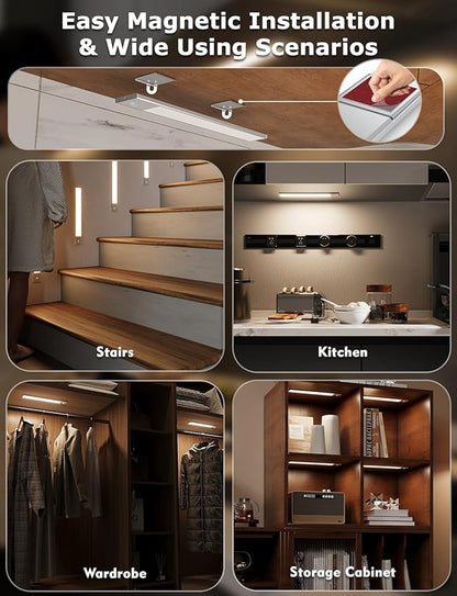 12" Ultra-Thin Under Cabinet Lighting Wireless, Aluminum Alloy Under Counter Lights for Kitchen, 3-Color-Temps Magnetic Closet Lights, Rechargeable Motion Sensor Light Indoor (4 Pack, Silver)