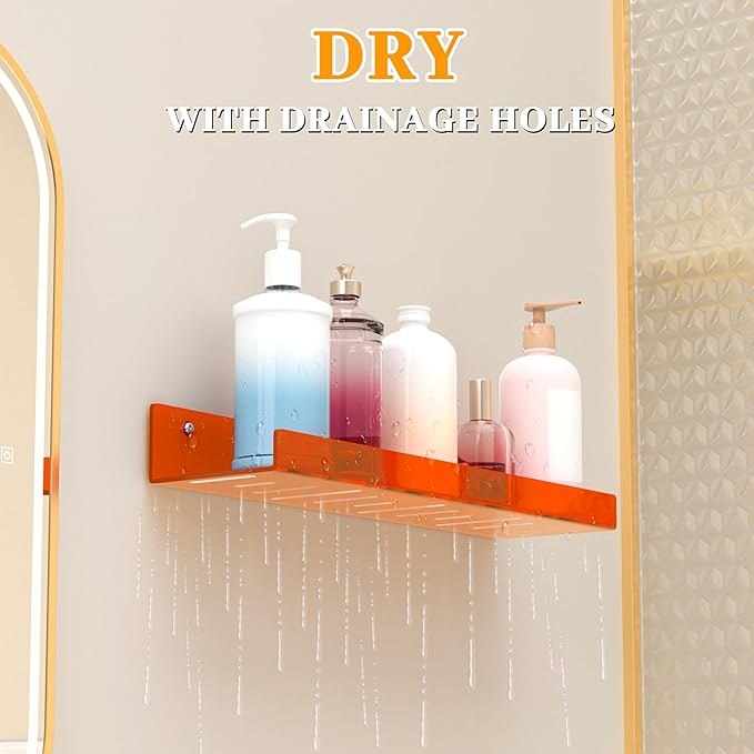 4 Pack Floating Shelves –15'' Orange Acrylic/PET Wall-Mounted No Drill Storage with Adhesive, Bathroom & Bedroom Shelving for Kitchen, Living Room, Home Decor